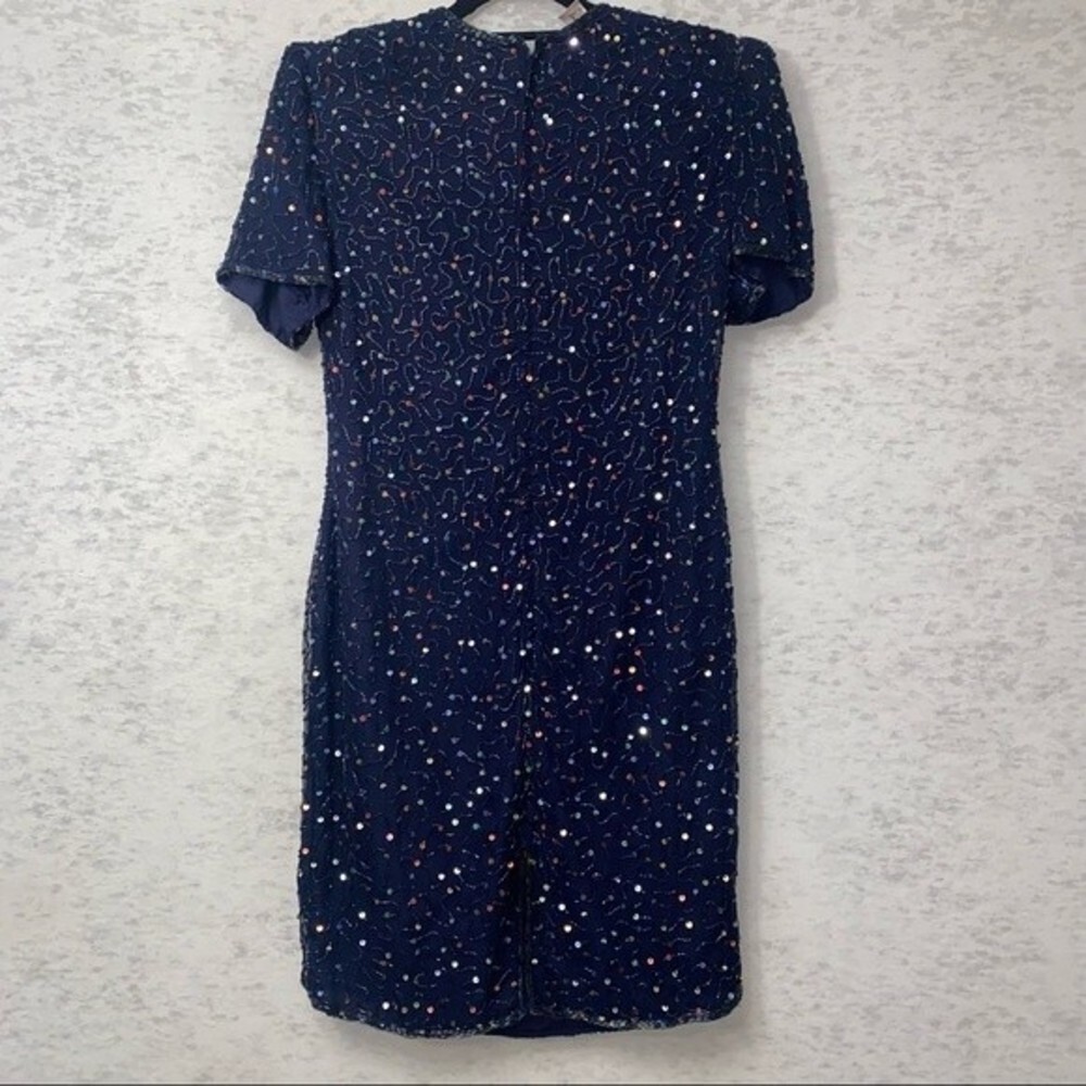 NWT Laurence Kazar Pure Silk Sequin Royal Navy Blue Cocktail Evening Dress SZ M - Picture 10 of 12